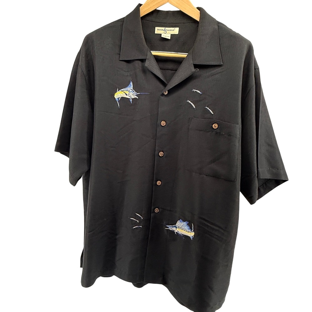 Hook & Tackle Black Short Sleeve Button Up Shirt Embroidered Fish XL‎